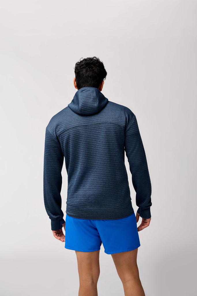 Brooks Men's Active Midweight Hoodie. Blue/Grey. Rear view.