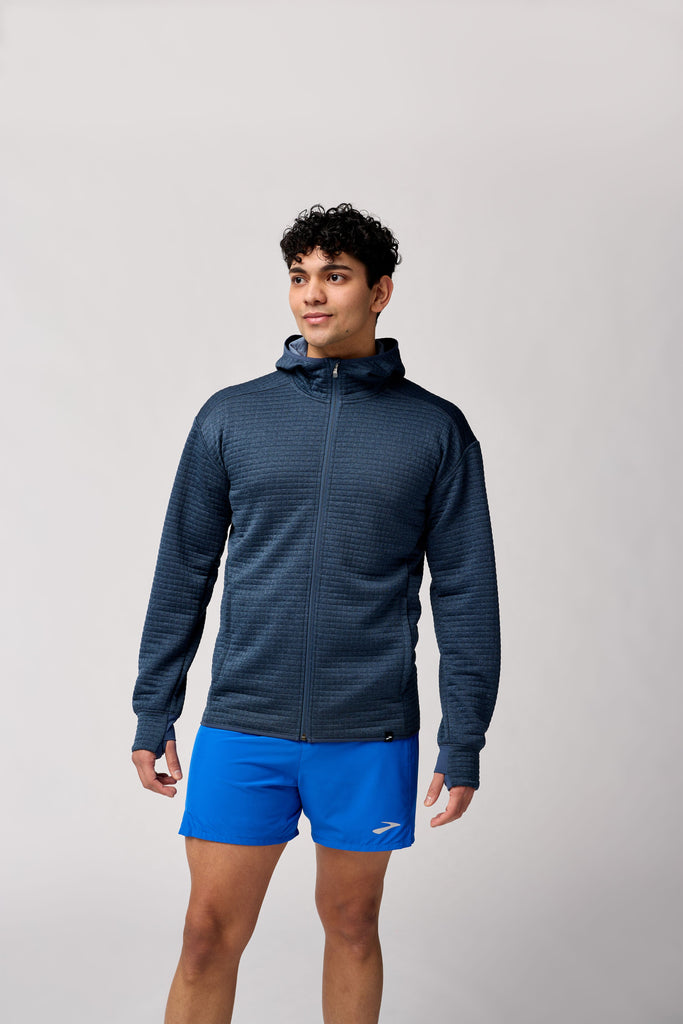 Brooks Men's Active Midweight Hoodie. Blue/Grey. Front view.