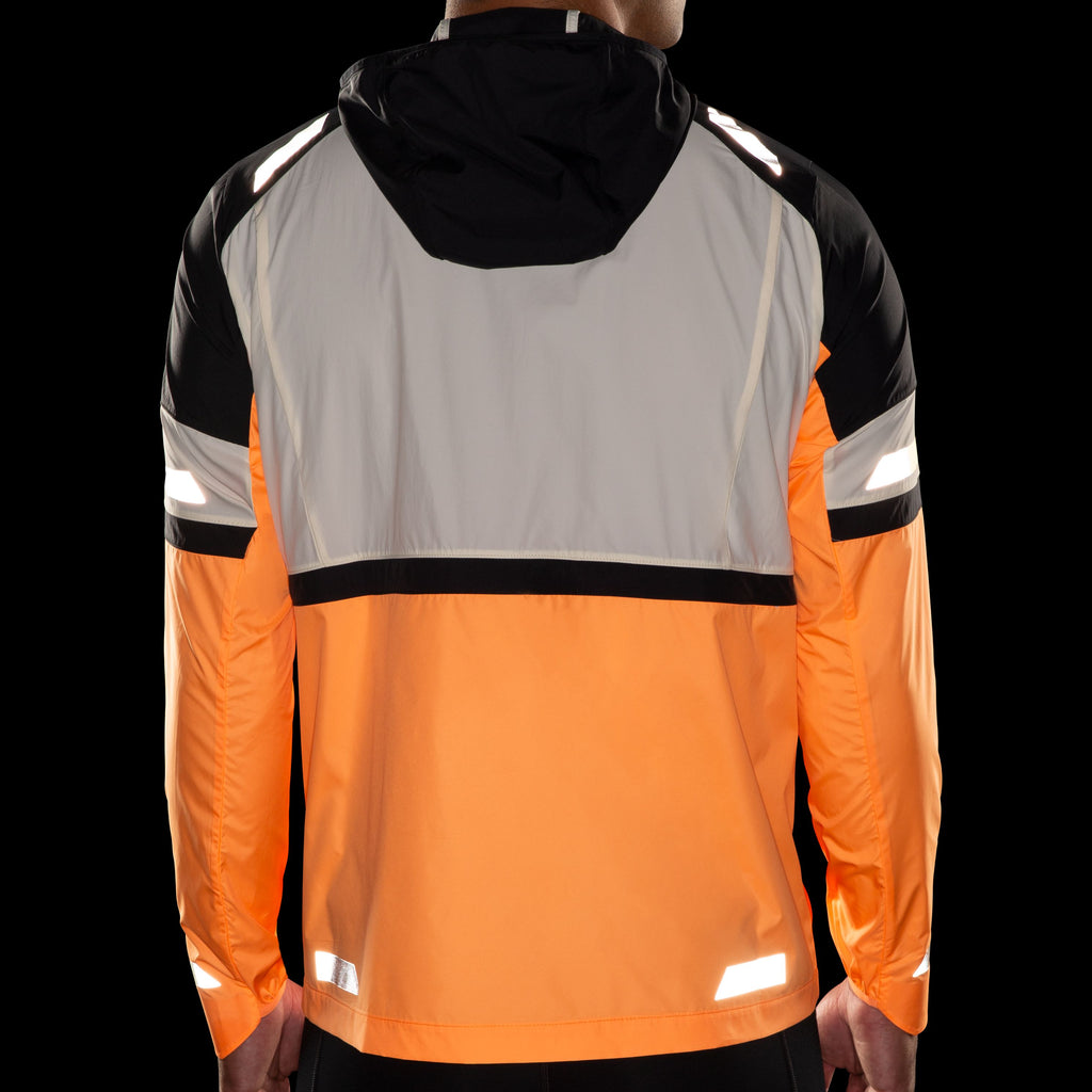 Men's Brooks Run Visible Jacket 2.0. White/Orange/Black. Rear view.