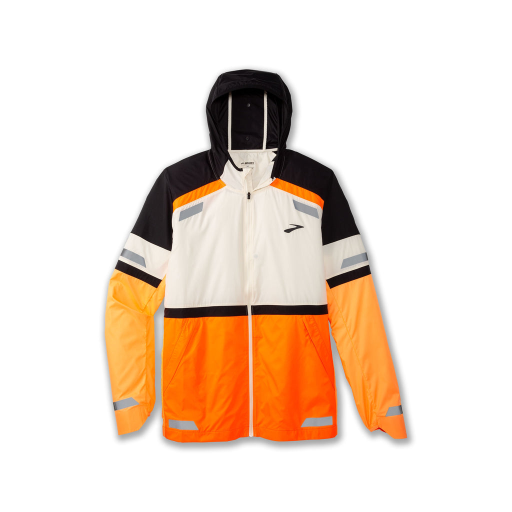 Men's Brooks Run Visible Jacket 2.0. White/Orange/Black. Front view.