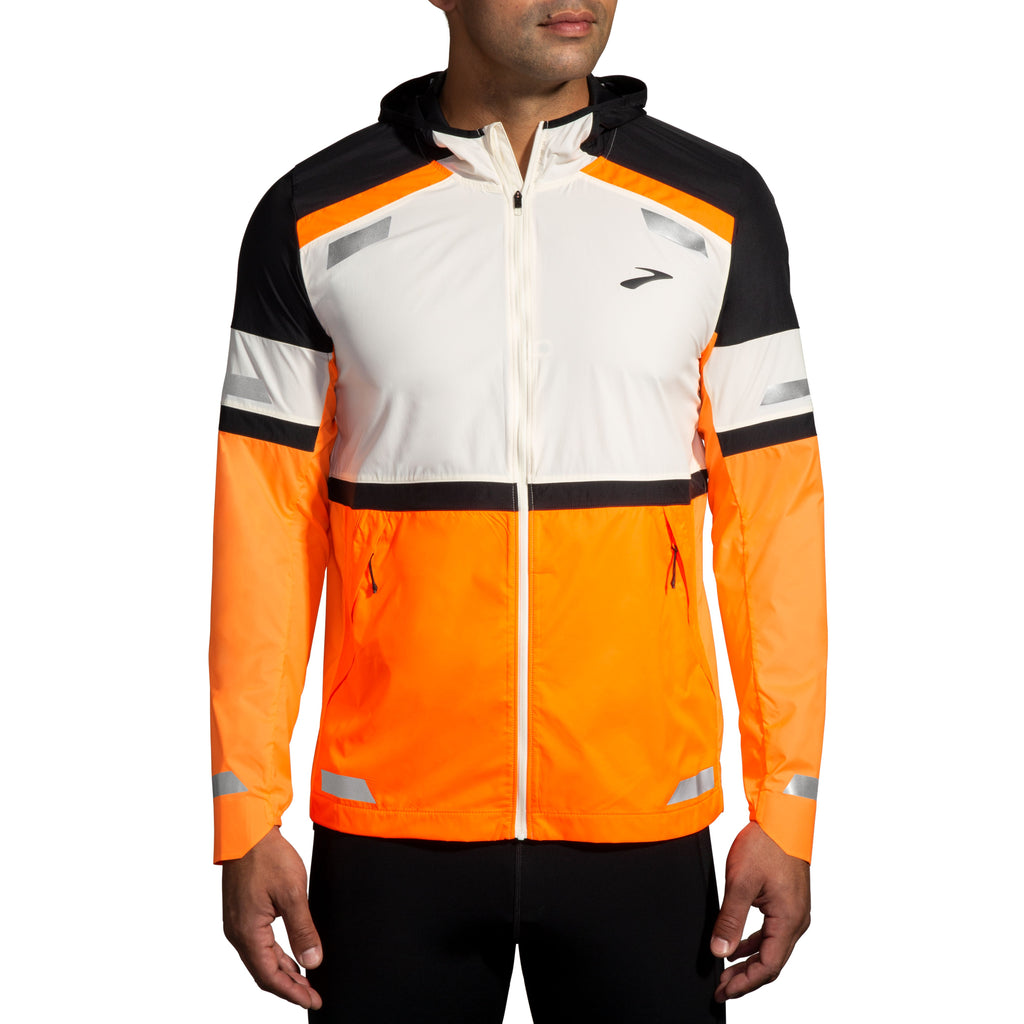 Men's Brooks Run Visible Jacket 2.0. White/Orange/Black. Front view.