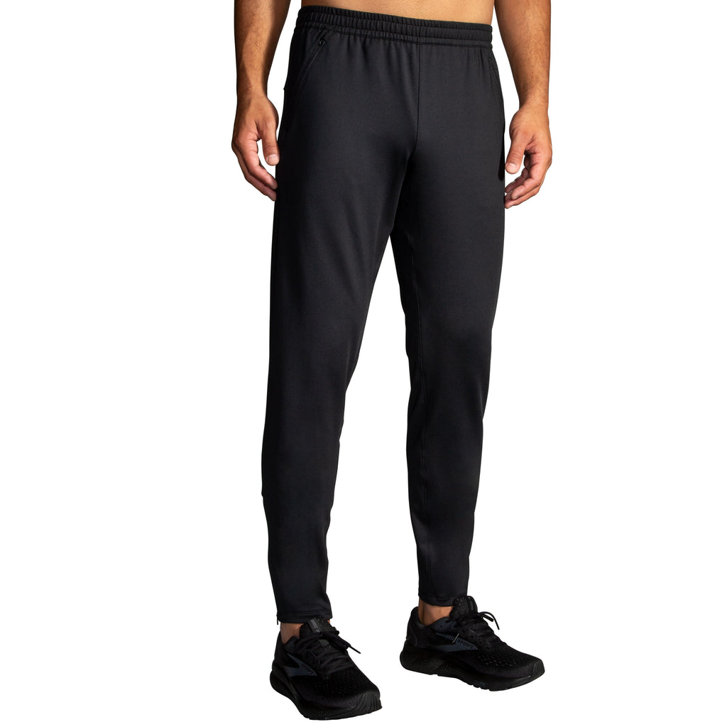 Men's Brooks Spartan Pants. Black. Front/Lateral view.