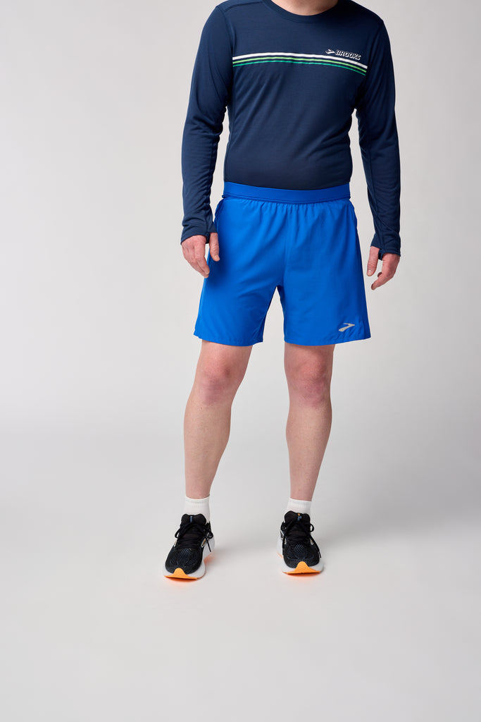 Men's Brooks Journey 7" Shorts. Blue. Front view.