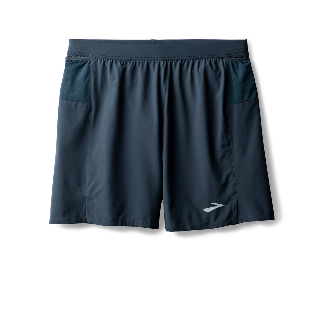 Men's Brooks Journey 7" Shorts. Blue/Grey. Front view.