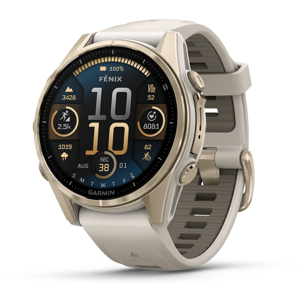 Garmin Fenix 8 AMOLED Sapphire. Soft Gold/Fog Gray. Front/Lateral view.