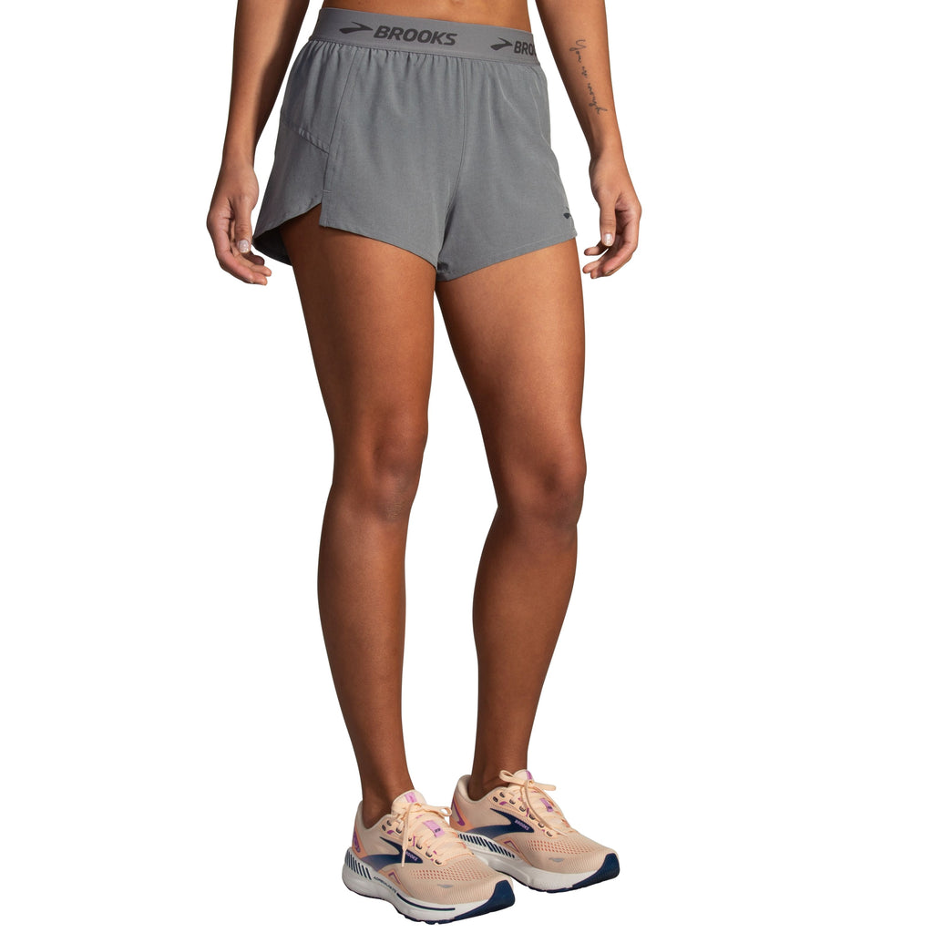 Women's Brooks Chaser 3" Shorts. Grey. Front view.