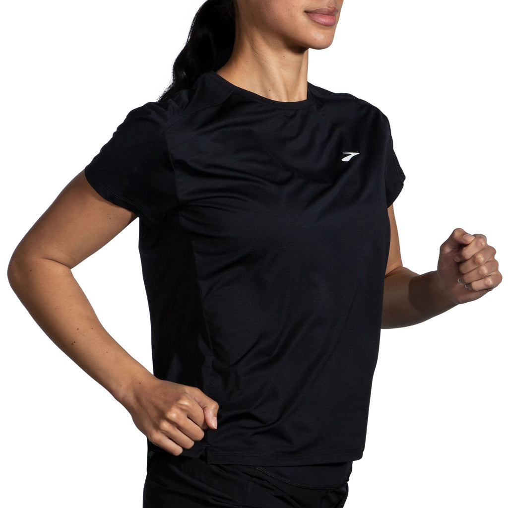 Women's Brooks Sprint Free Short Sleeve 2.0. Black. Lateral view.