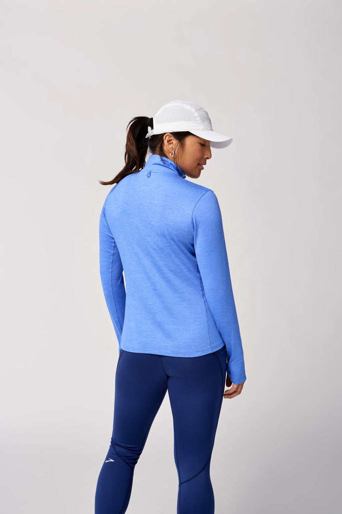 Women's Brooks Dash half zip 2.0. Light Blue. Rear view.