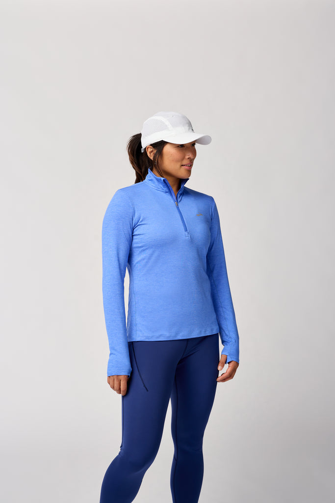 Women's Brooks Dash half zip 2.0. Light Blue. Front view.