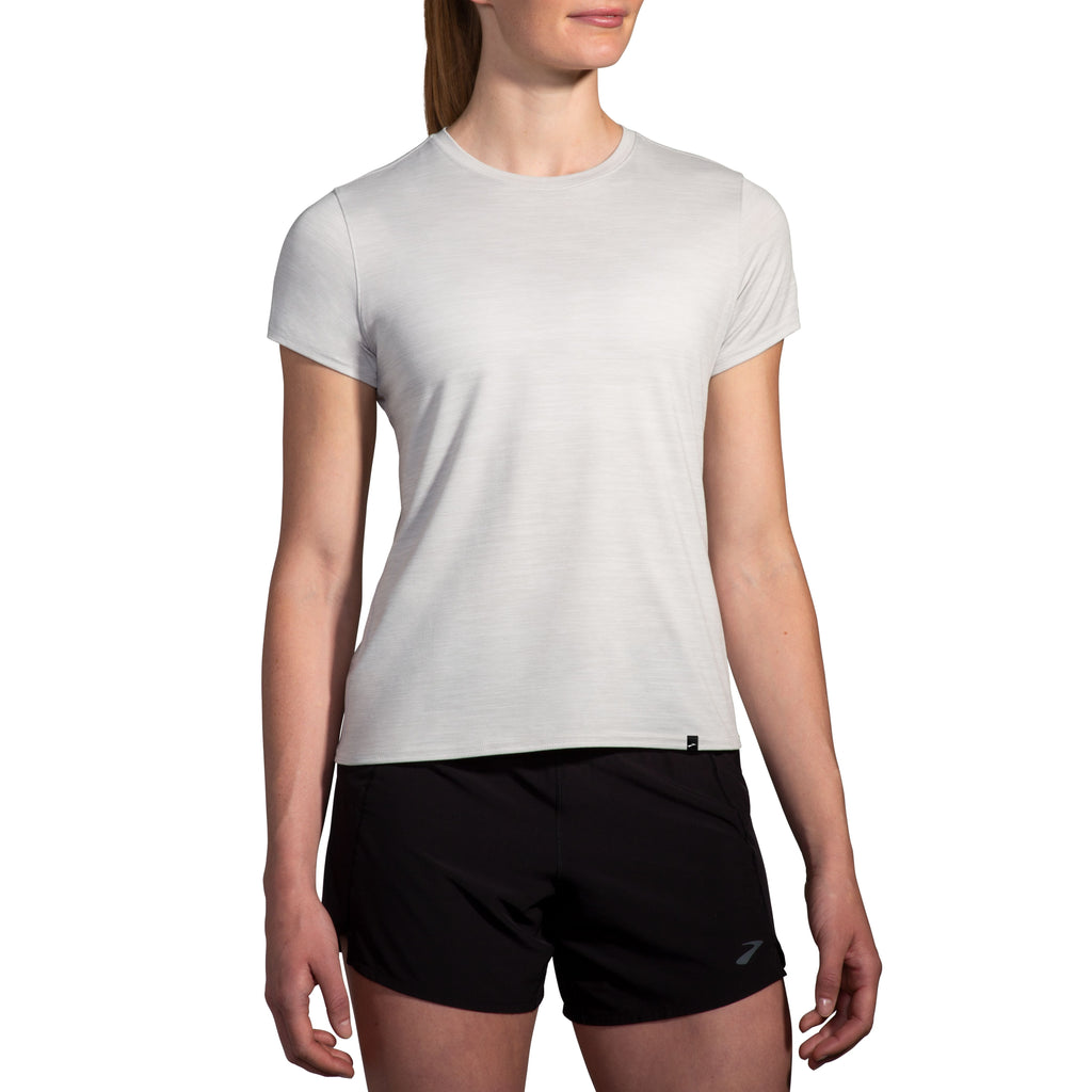 Women's Brooks Luxe Short Sleeve. Off White. Front view.