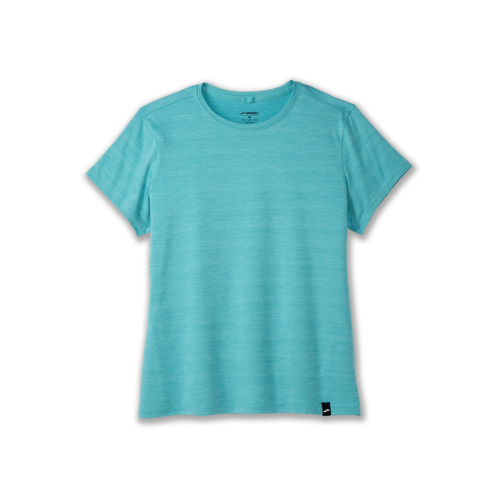 Women's Brooks Luxe Short Sleeve. Blue/Green. Front view.