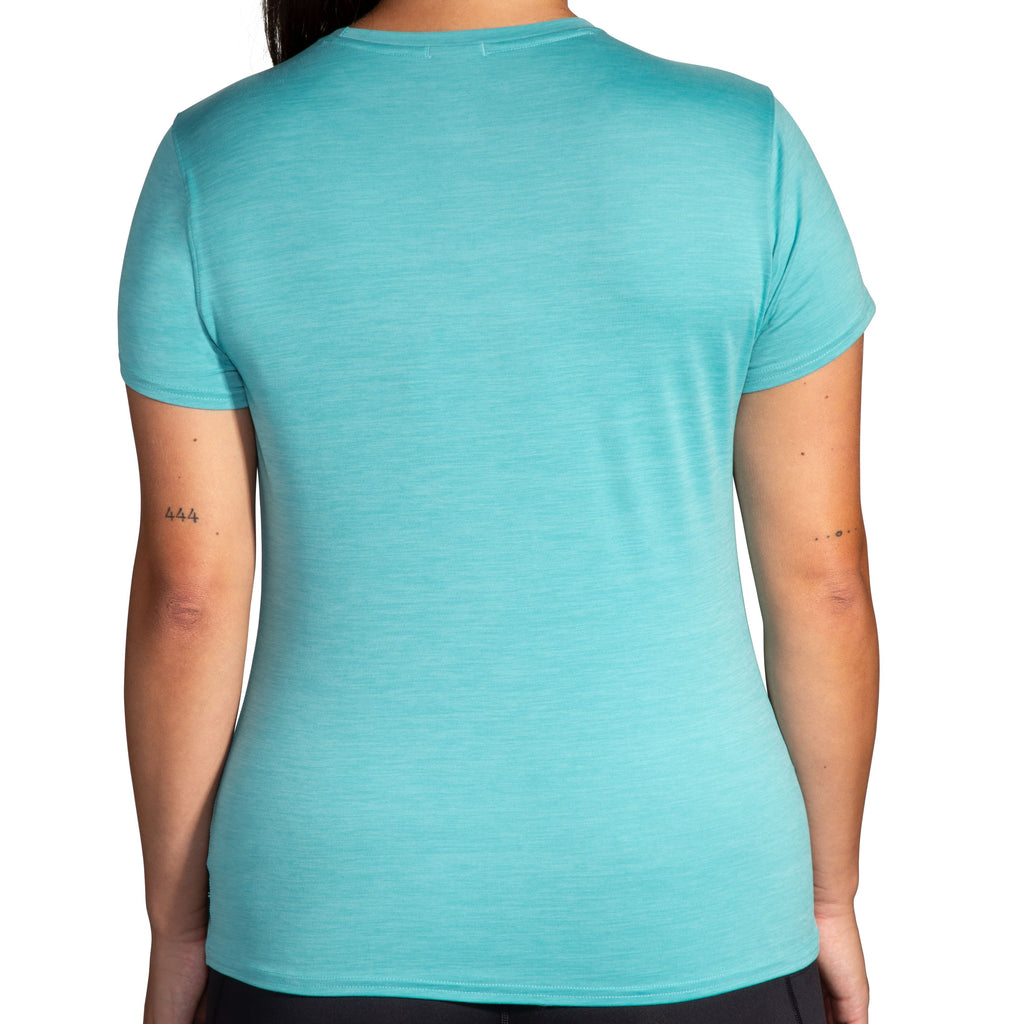 Women's Brooks Luxe Short Sleeve. Blue/Green. Rear view.