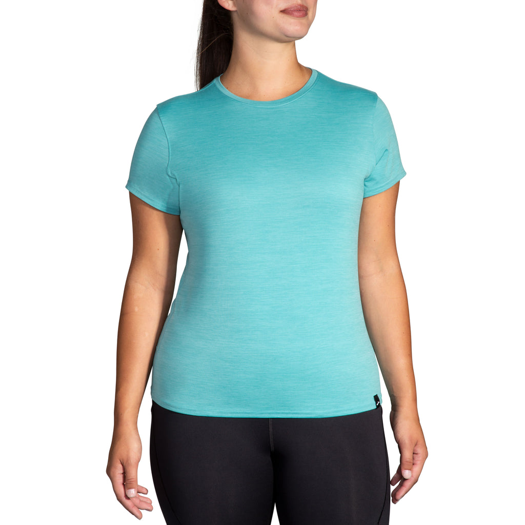 Women's Brooks Luxe Short Sleeve. Blue/Green. Front view.