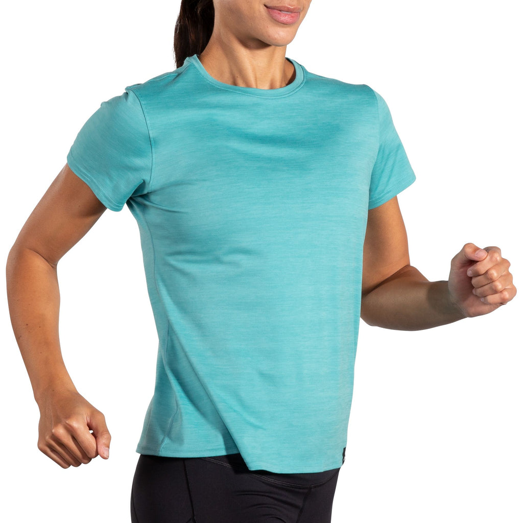 Women's Brooks Luxe Short Sleeve. Blue/Green. Lateral view.