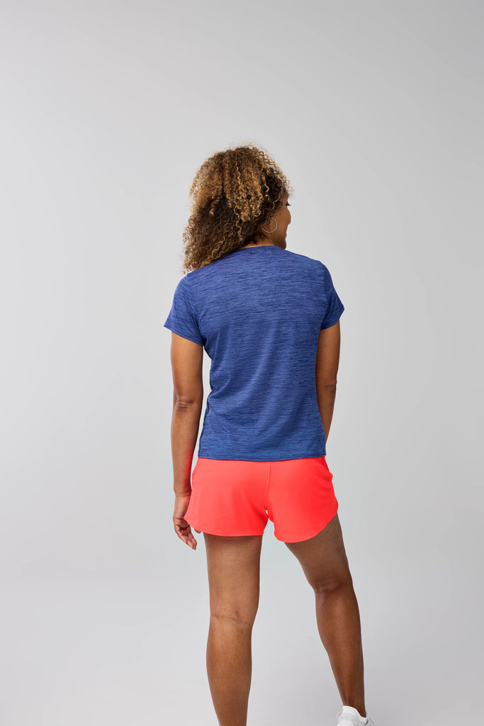 Women's Brooks Luxe Short Sleeve. Dark Blue. Rear view.