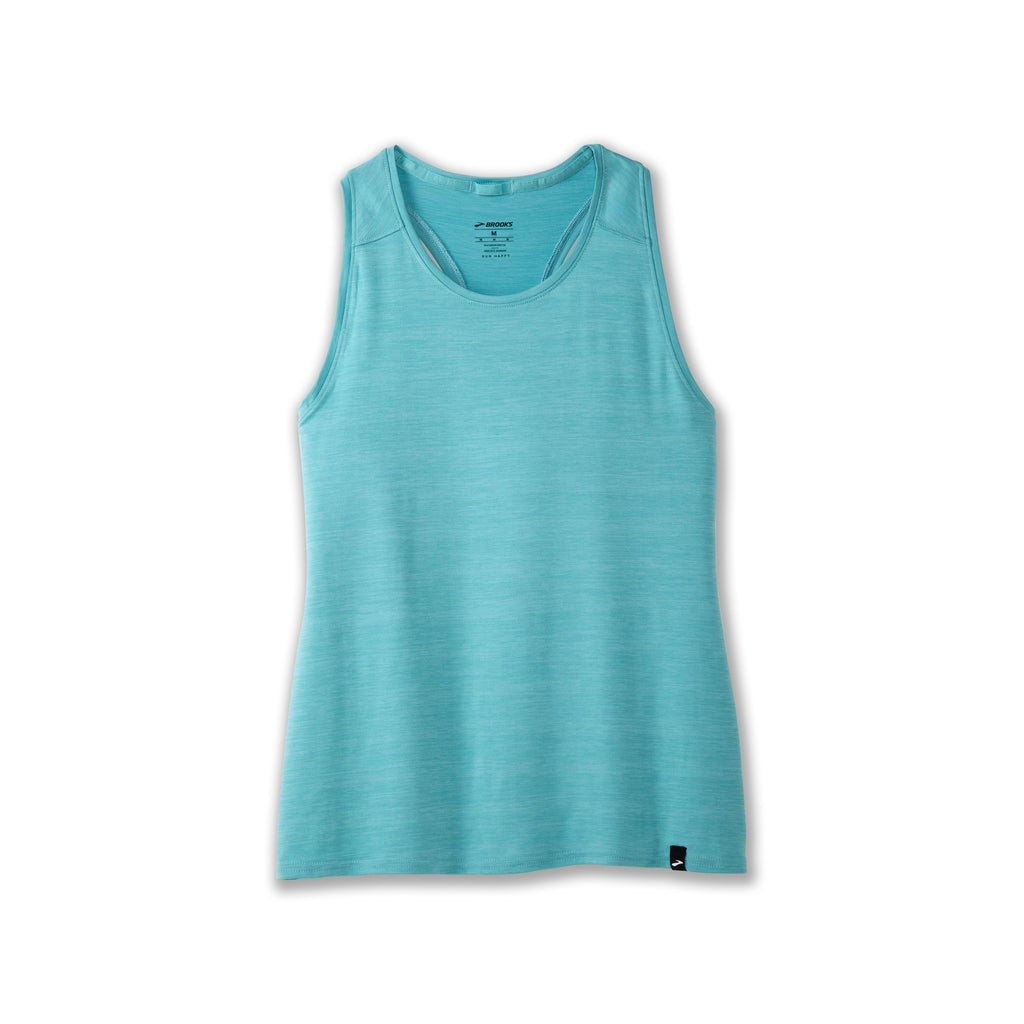 Women's Brooks Luxe Tank. Blue/Green. Front view.