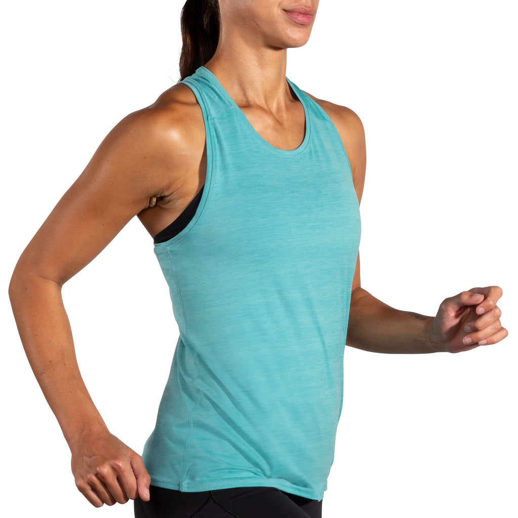 Women's Brooks Luxe Tank. Blue/Green. Lateral view.