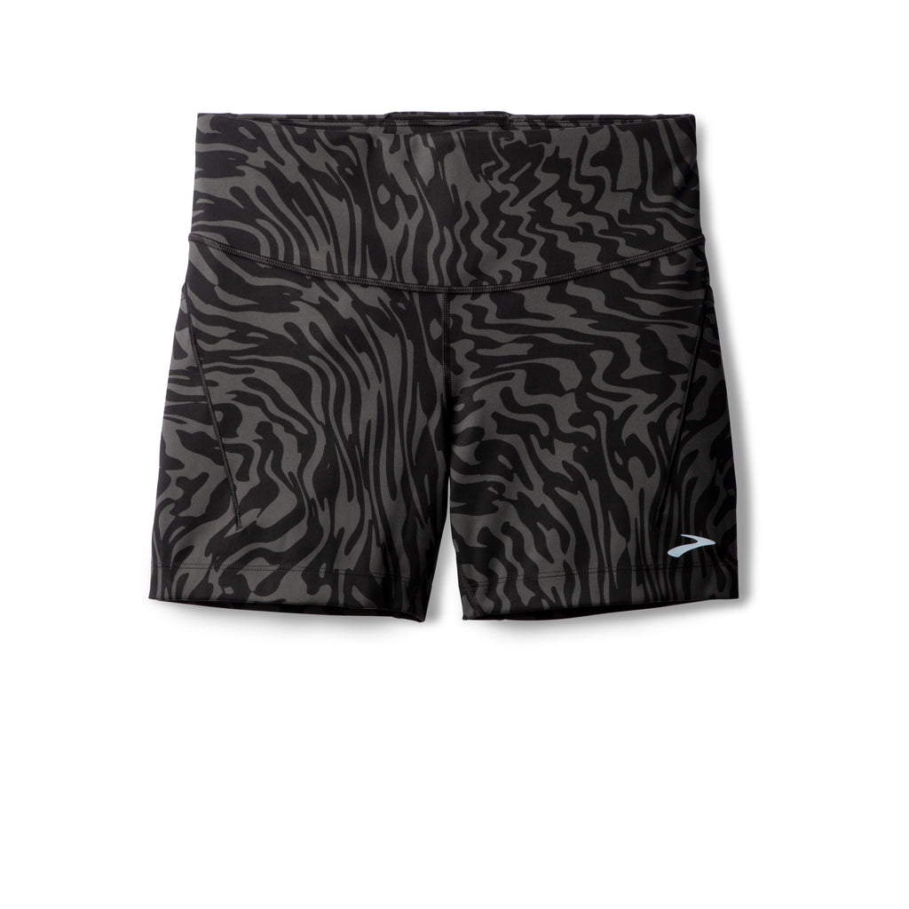 Women's Brooks Spark 5" Short Tights. Black/Grey print. Front view.