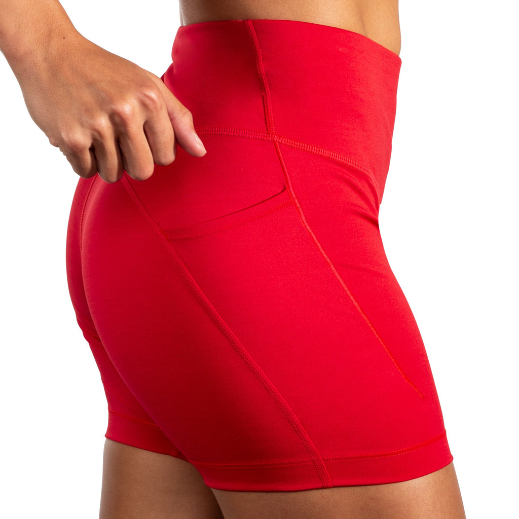 Women's Brooks Spark 5" Short Tight. Red. Lateral view.