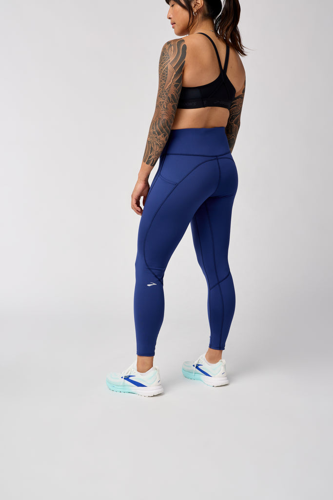 Women's Brooks Spark Tights. Dark Blue. Rear/Lateral view.