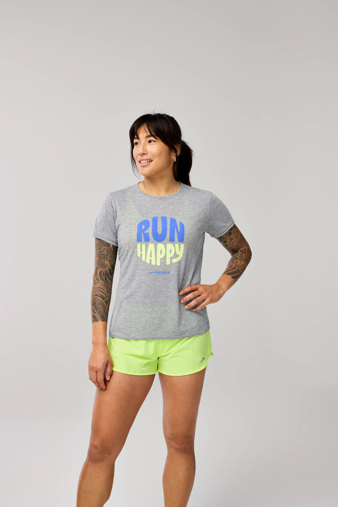 Women's Brooks Distance Short Sleeve. Grey with text. Front view.