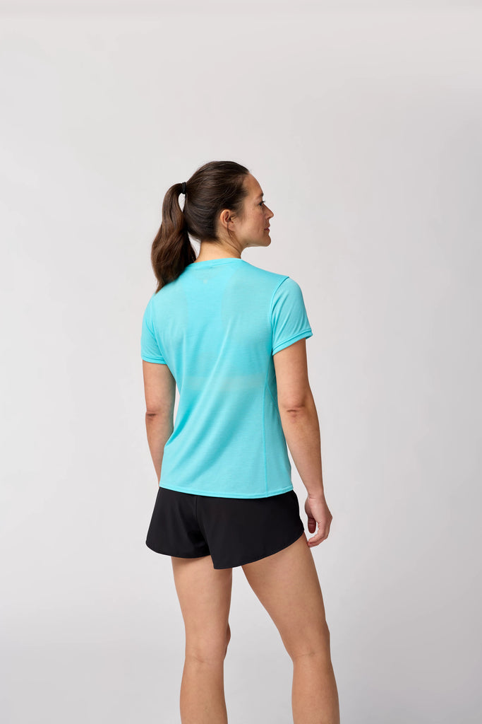 Women's Brooks Distance Short Sleeve 3.0. Blue. Rear view.