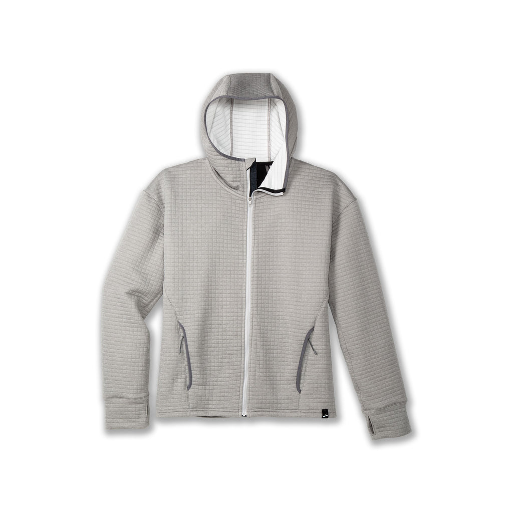 Women's Brooks Active Midweight Hoodie. Grey. Front view.