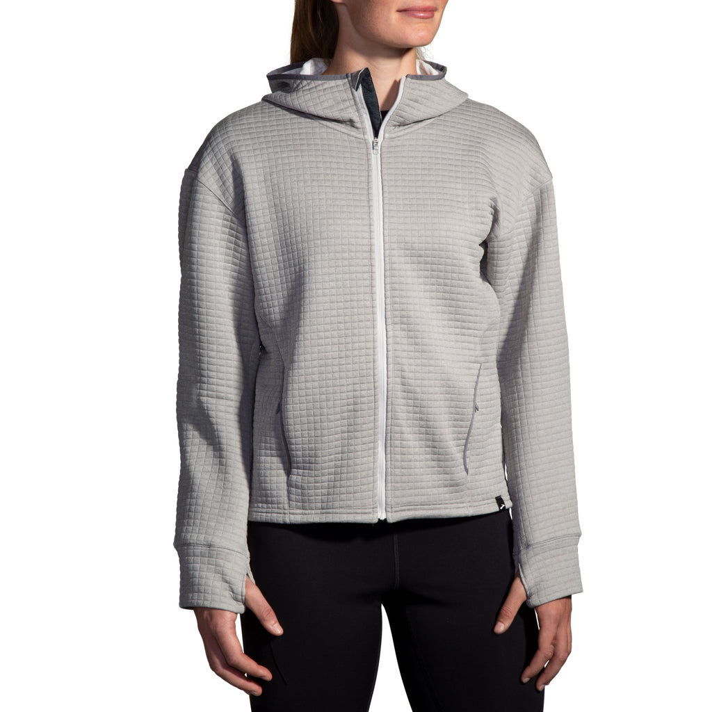 Women's Brooks Active Midweight Hoodie. Grey. Front view.