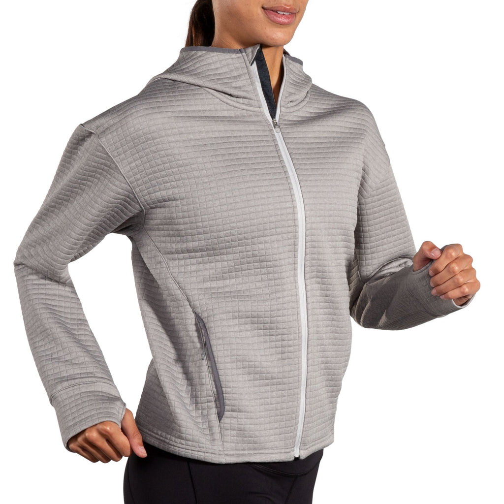 Women's Brooks Active Midweight Hoodie. Grey. Lateral view.