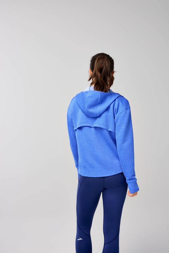 Women's Brooks Active Midweight Hoodie. Blue. Rear view.