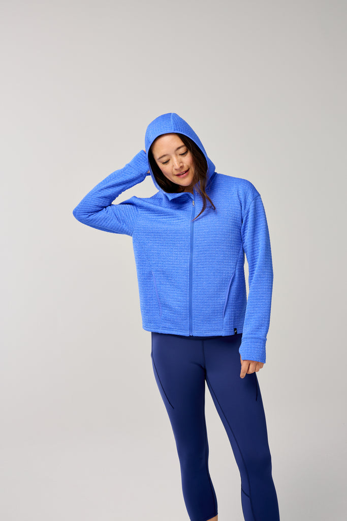 Women's Brooks Active Midweight Hoodie. Blue. Front view.