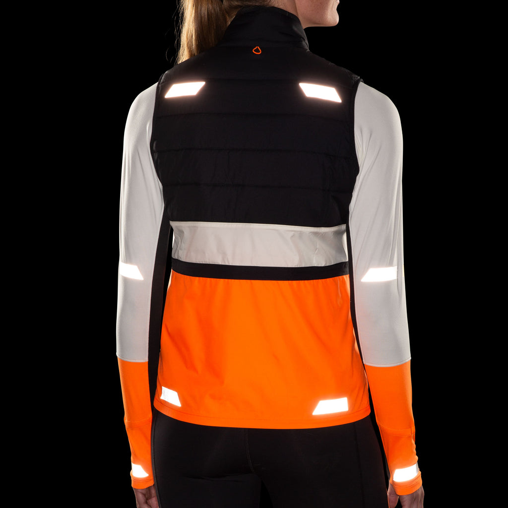 Women's Brooks Run Visible Insulated Vest 2.0. White/Black/Orange. Rear view.