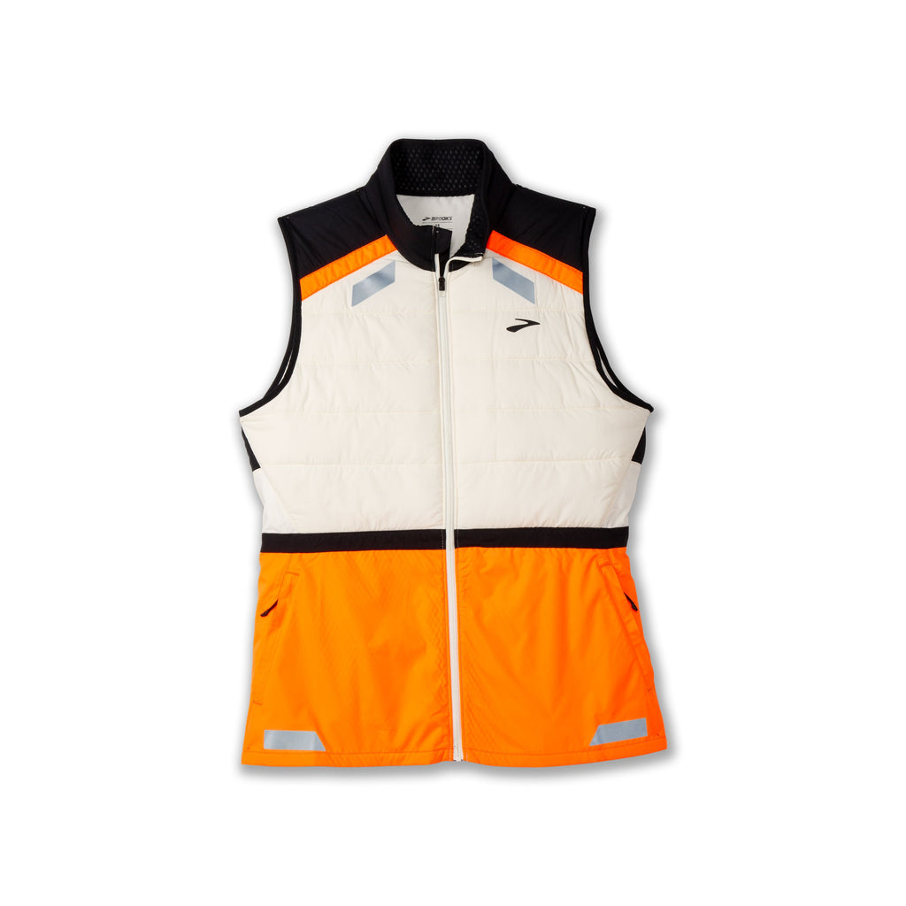 Women's Brooks Run Visible Insulated Vest 2.0. White/Black/Orange. Front view.