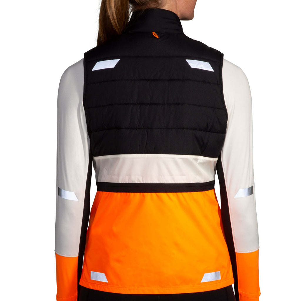 Women's Brooks Run Visible Insulated Vest 2.0. White/Black/Orange. Rear view.