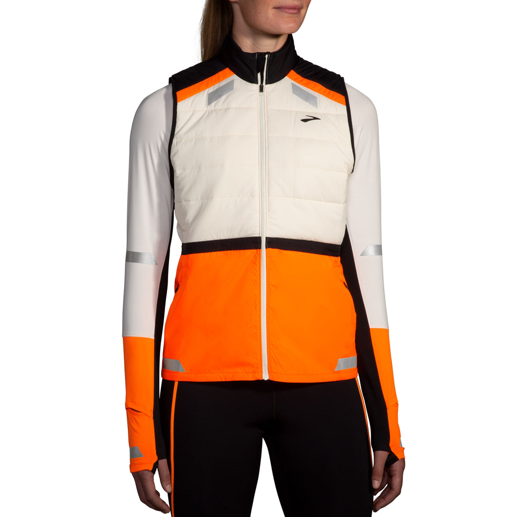 Women's Brooks Run Visible Insulated Vest 2.0. White/Black/Orange. Front view.