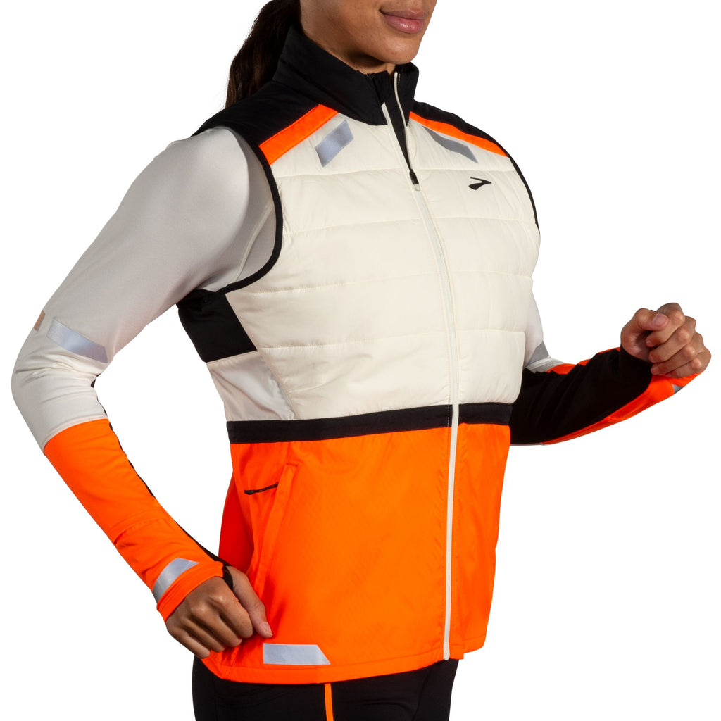 Women's Brooks Run Visible Insulated Vest 2.0. White/Black/Orange. Lateral view.