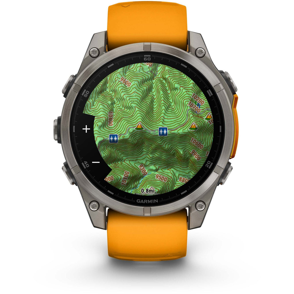 Garmin Fenix 8 AMOLED Sapphire. Titanium/Spark Orange. Front view.