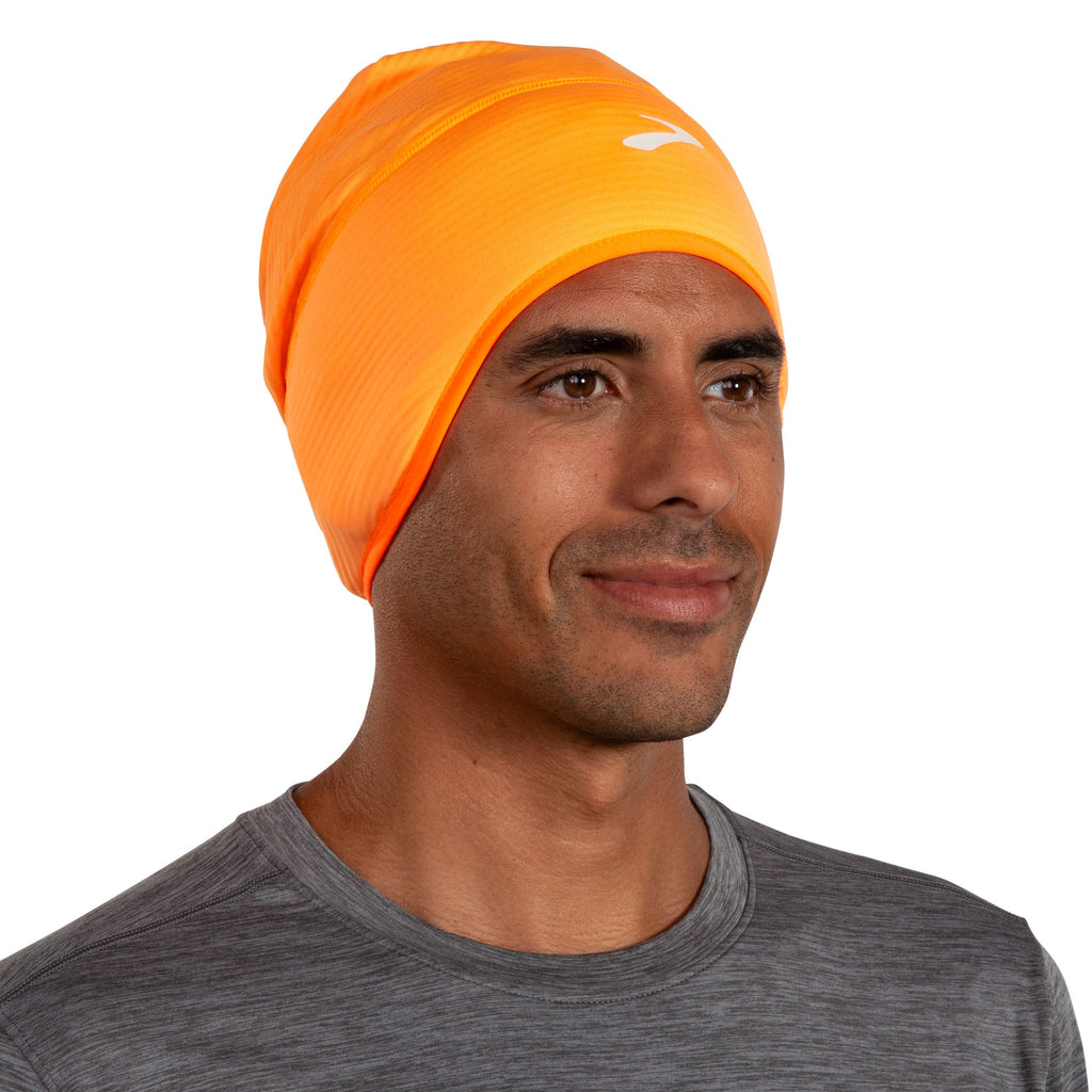 Brooks Thermal Notch Beanie. Orange. Front view.