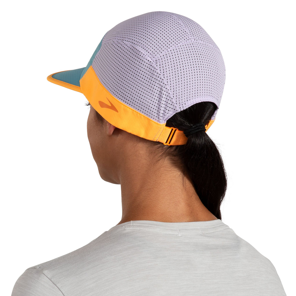 Unisex Brooks Propel Mesh Hat. Blue/Purple/Orange. Rear view.