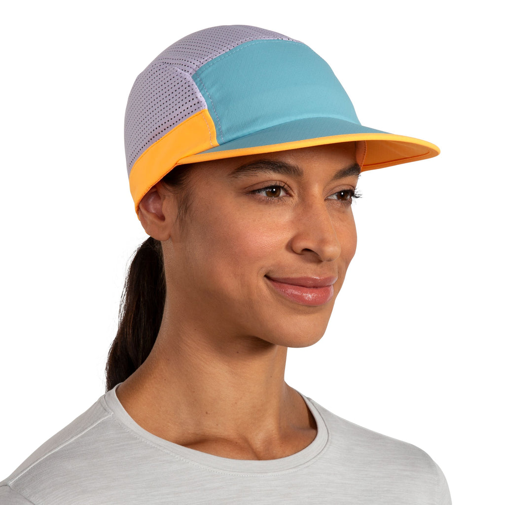 Unisex Brooks Propel Mesh Hat. Blue/Purple/Orange. Front view.