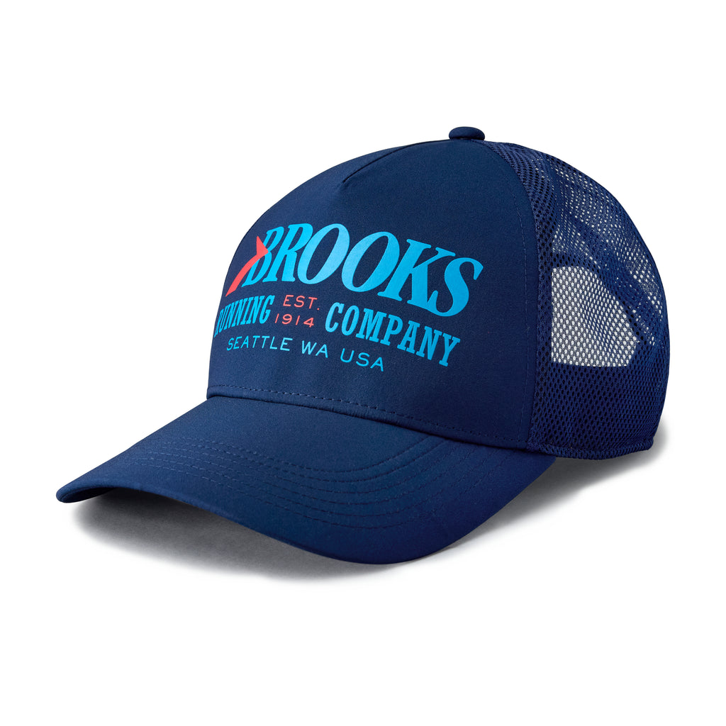 Brooks Surge Trucker Hat. Blue. Front view.