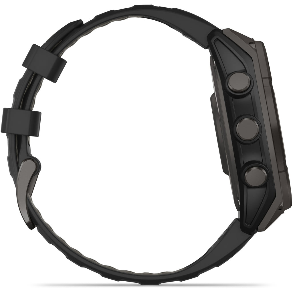 Garmin Fenix 8 Solar Sapphire. Carbon Gray DLC Titanium/Black. Lateral view.