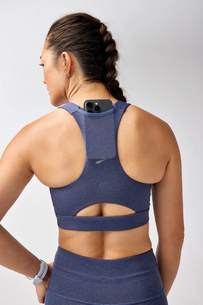 Women's Brooks Luxe Sports Bra. Grey/Blue.
