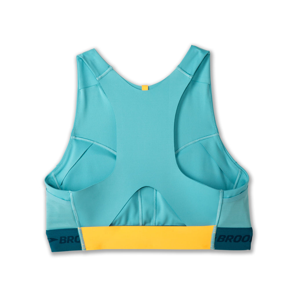 Women's Brooks Drive 3 pocket sports bra. Blue/Green. Rear view.