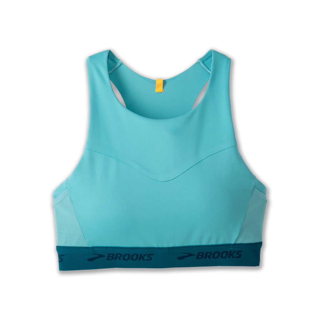 Women's Brooks Drive 3 pocket sports bra. Blue/Green. Front view.