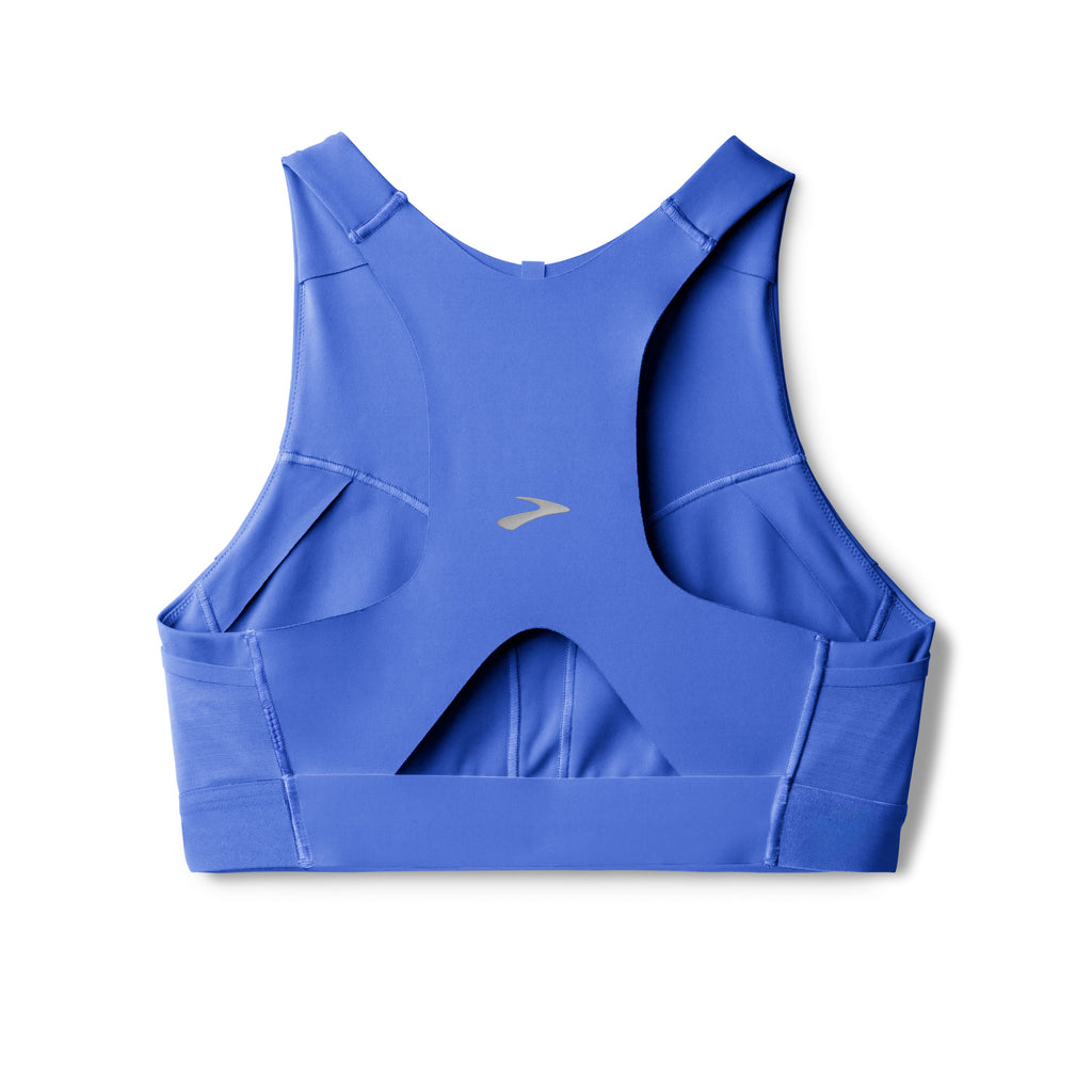 Women's Brooks Drive 3 Pocket Sports Bra. Blue. Rear view.