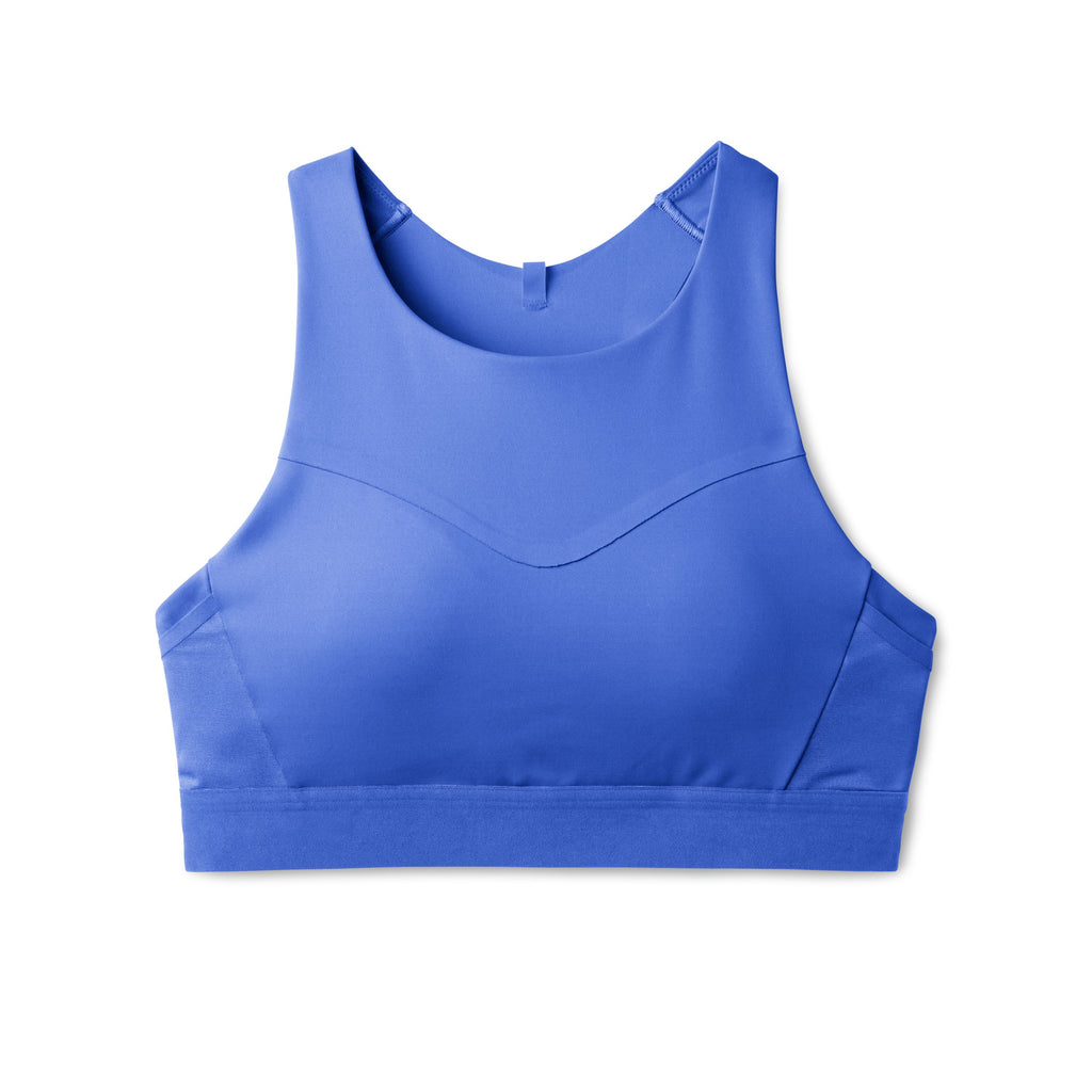 Women's Brooks Drive 3 Pocket Sports Bra. Blue. Front view.