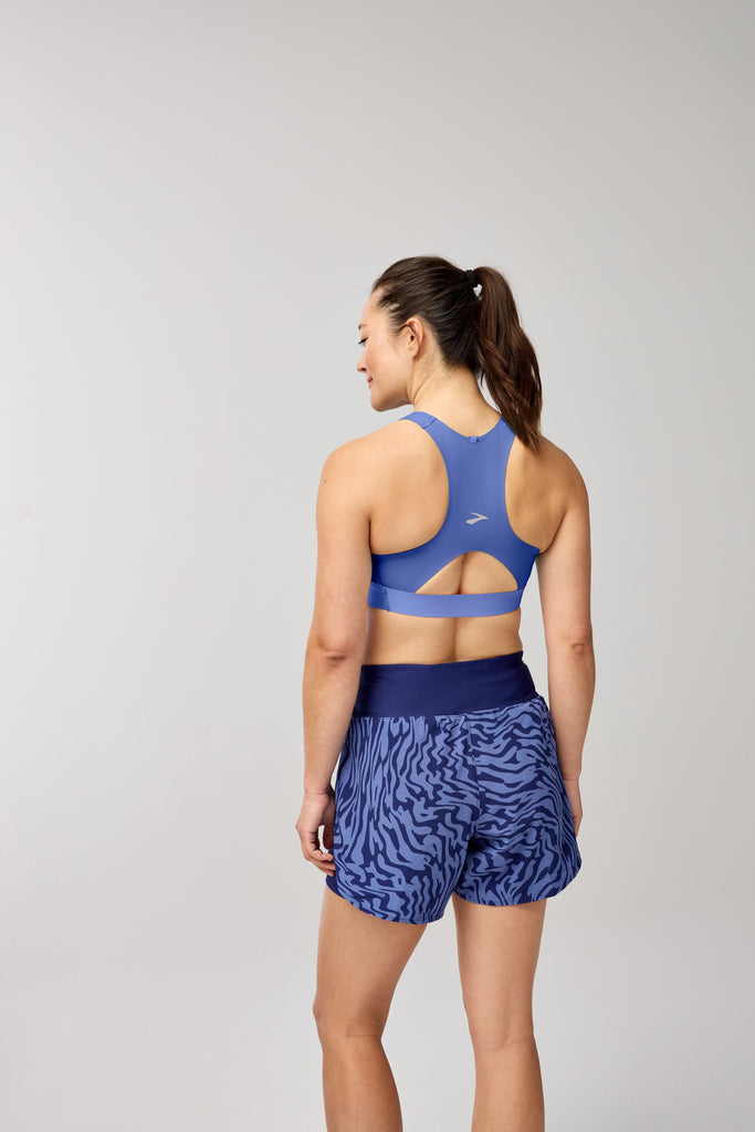 Women's Brooks Drive 3 Pocket Sports Bra. Blue. Rear view.