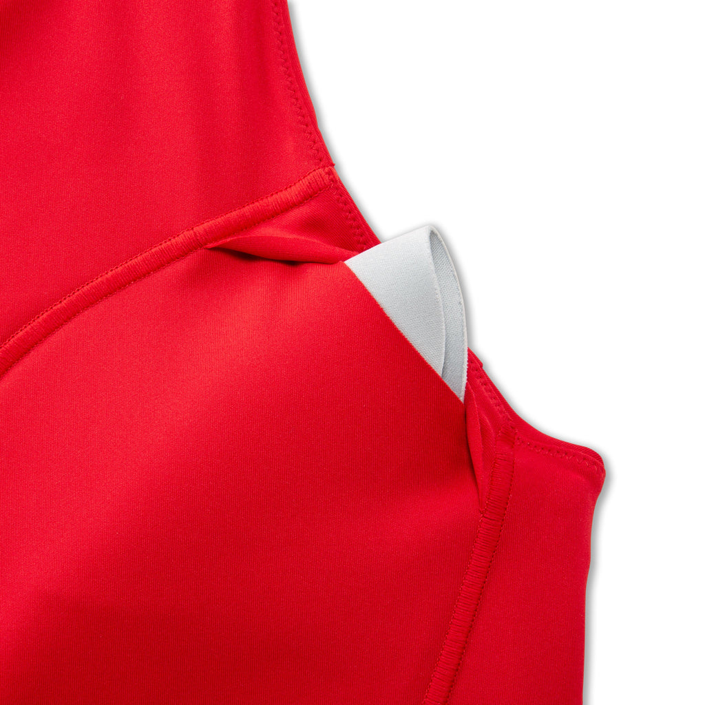 Womens' Brooks 3 Pocket Sports Bra. Red. Cup closeup.