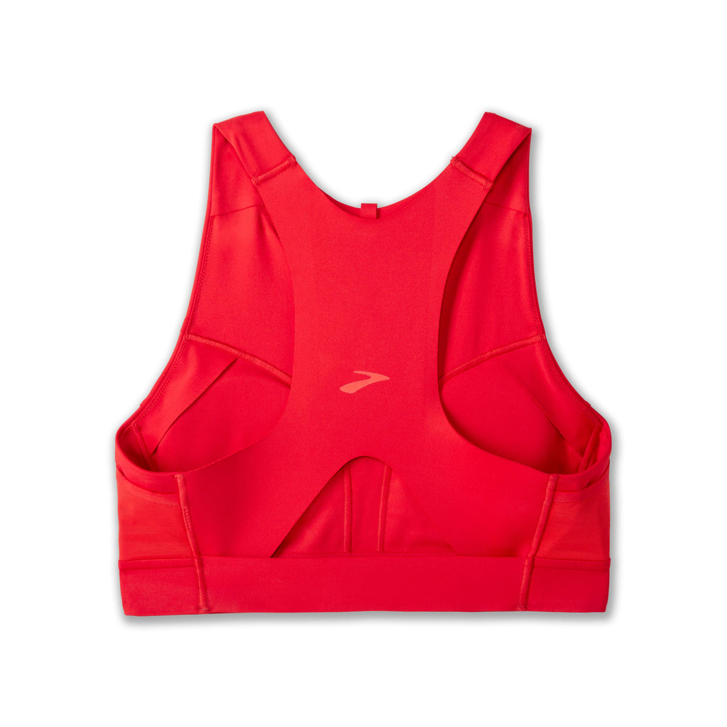 Womens' Brooks 3 Pocket Sports Bra. Red. Rear view.